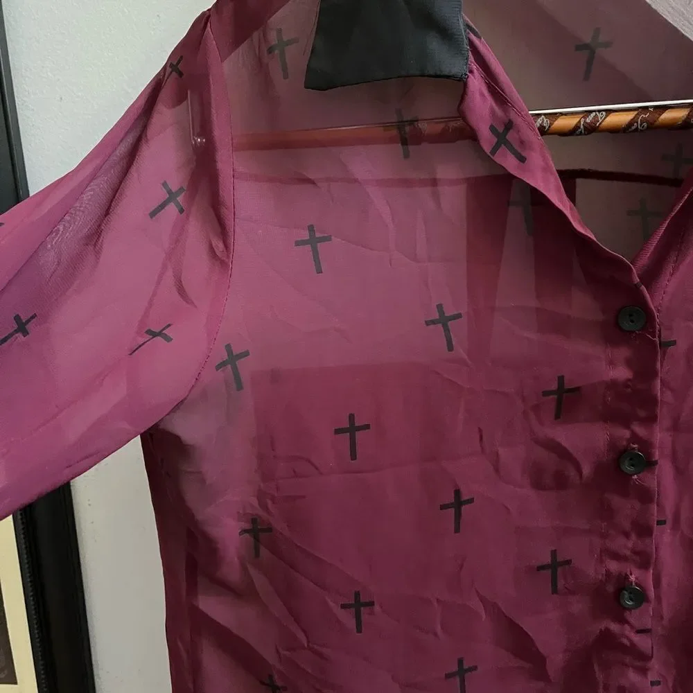 Poetry Burgundy & Black Crosses Sheer Blouse sz L - Picture 3 of 6